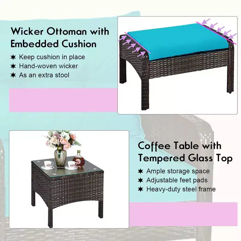 Costway Ensemble de Meubles de Jardin en Rotin 5 Pièces Canapé Ottoman Table Coussins Turquoise