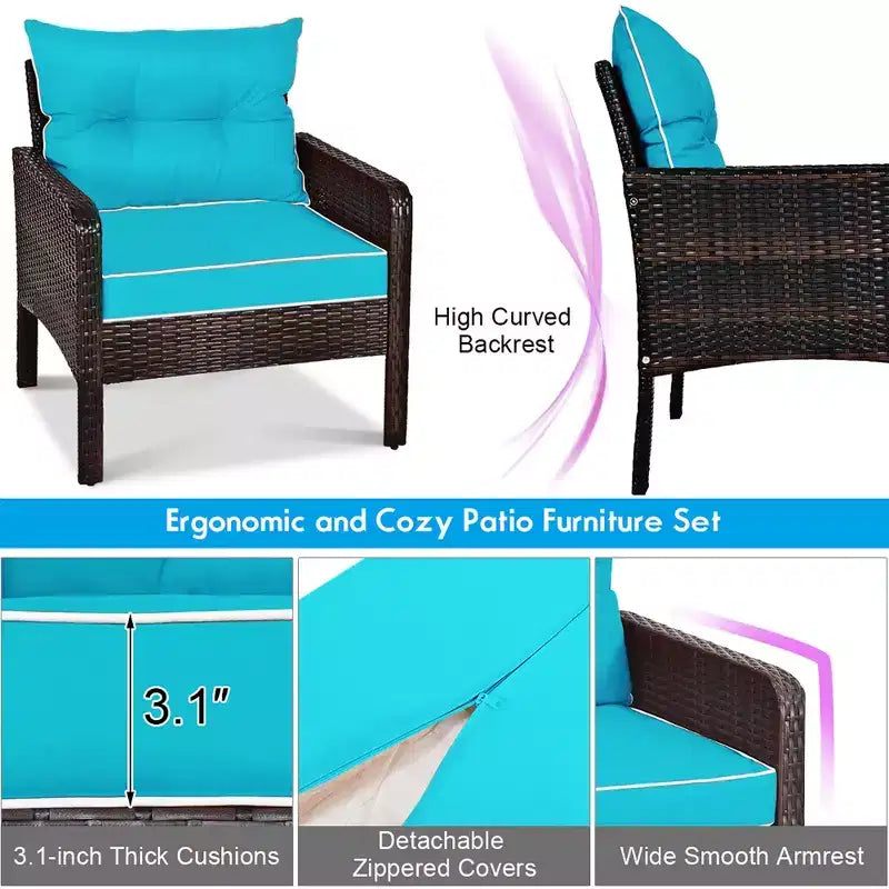 Costway Ensemble de Meubles de Jardin en Rotin 5 Pièces Canapé Ottoman Table Coussins Turquoise