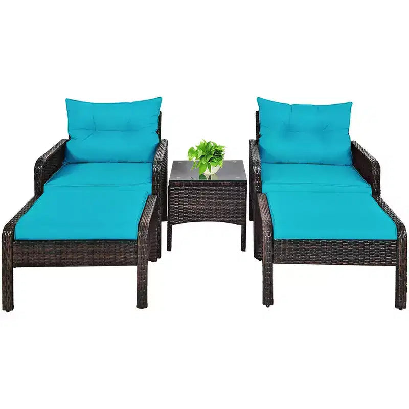 Costway Ensemble de Meubles de Jardin en Rotin 5 Pièces Canapé Ottoman Table Coussins Turquoise