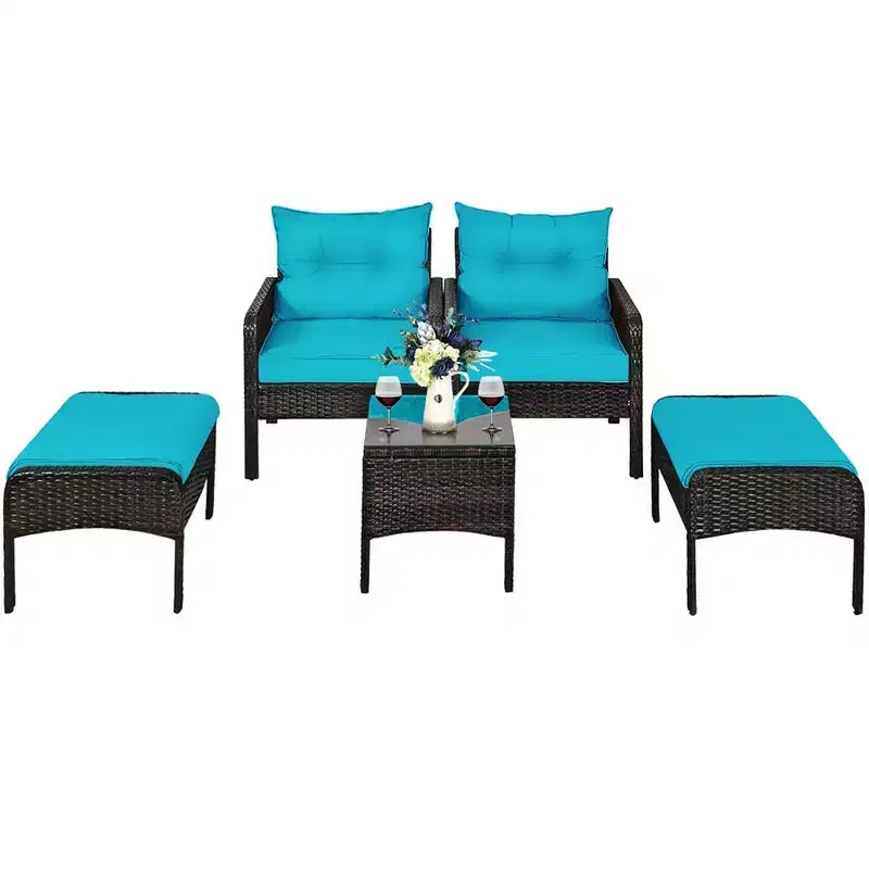 Costway Ensemble de Meubles de Jardin en Rotin 5 Pièces Canapé Ottoman Table Coussins Turquoise