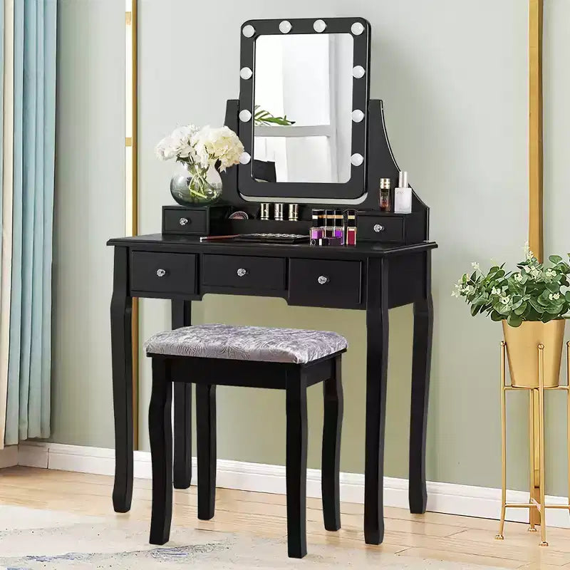 Coiffeuse Costway avec 10 ampoules dimmables, interrupteur tactile, tabouret rembourré Blanc/Noir/Marron