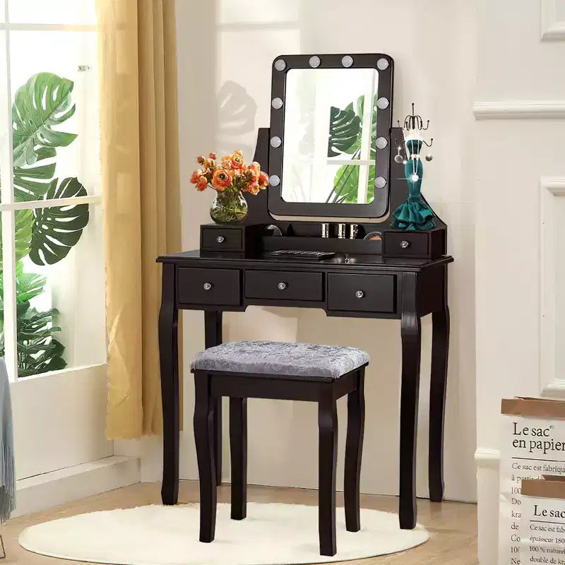 Coiffeuse Costway avec 10 ampoules dimmables, interrupteur tactile, tabouret rembourré Blanc/Noir/Marron