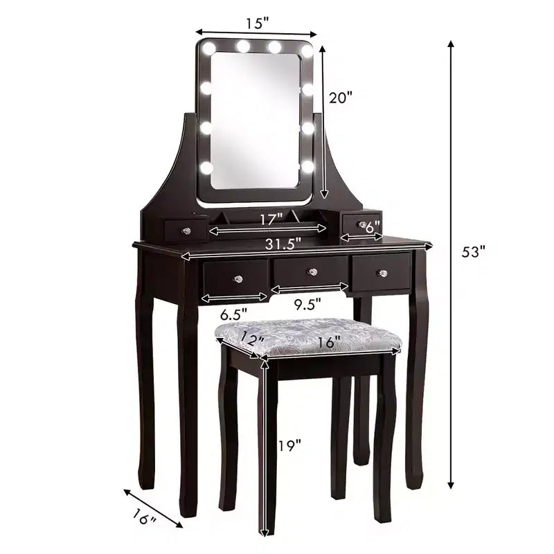 Coiffeuse Costway avec 10 ampoules dimmables, interrupteur tactile, tabouret rembourré Blanc/Noir/Marron