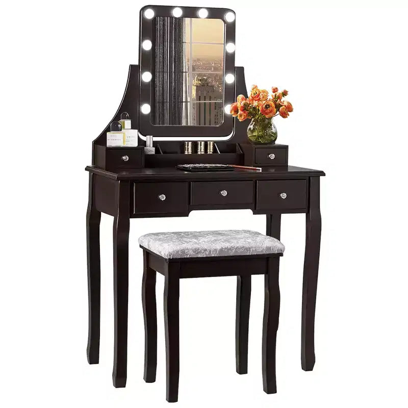 Coiffeuse Costway avec 10 ampoules dimmables, interrupteur tactile, tabouret rembourré Blanc/Noir/Marron