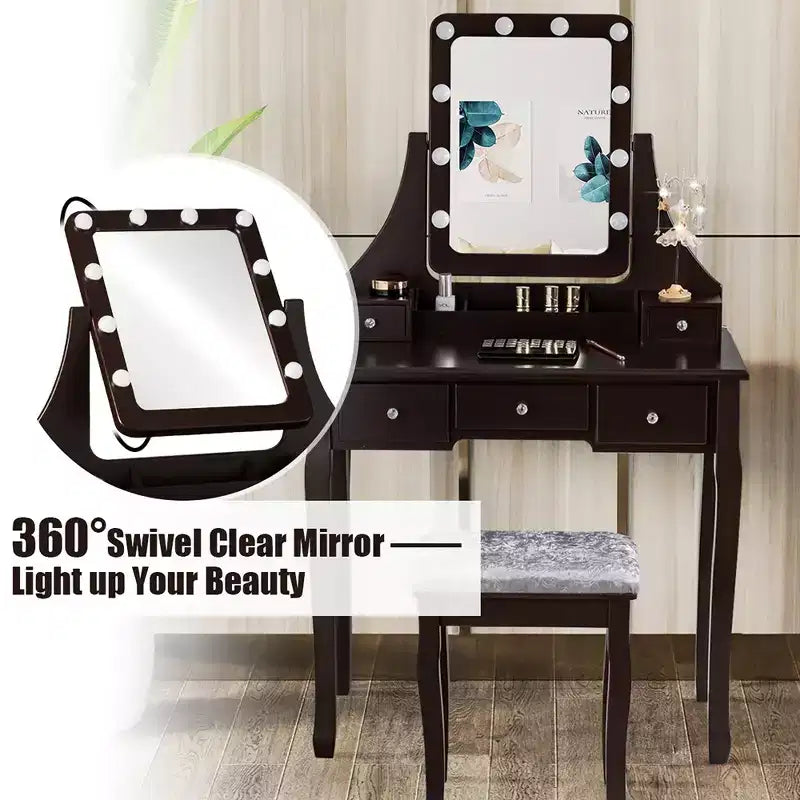 Coiffeuse Costway avec 10 ampoules dimmables, interrupteur tactile, tabouret rembourré Blanc/Noir/Marron