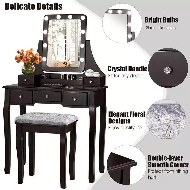 Coiffeuse Costway avec 10 ampoules dimmables, interrupteur tactile, tabouret rembourré Blanc/Noir/Marron