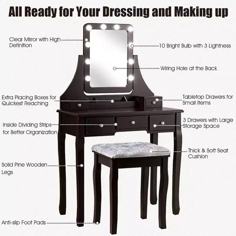 Coiffeuse Costway avec 10 ampoules dimmables, interrupteur tactile, tabouret rembourré Blanc/Noir/Marron