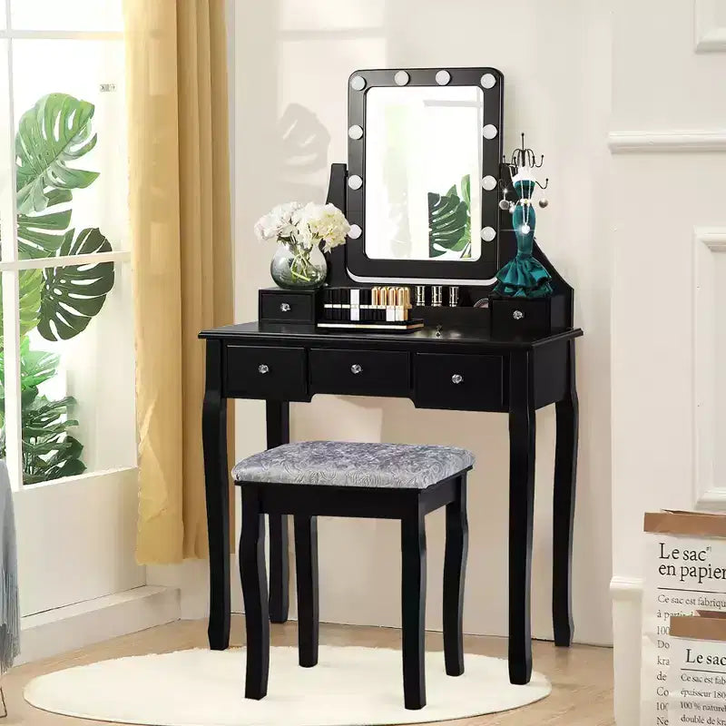Coiffeuse Costway avec 10 ampoules dimmables, interrupteur tactile, tabouret rembourré Blanc/Noir/Marron