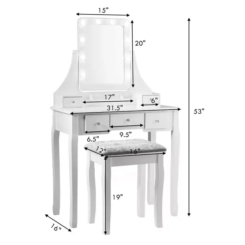 Coiffeuse Costway avec 10 ampoules dimmables, interrupteur tactile, tabouret rembourré Blanc/Noir/Marron
