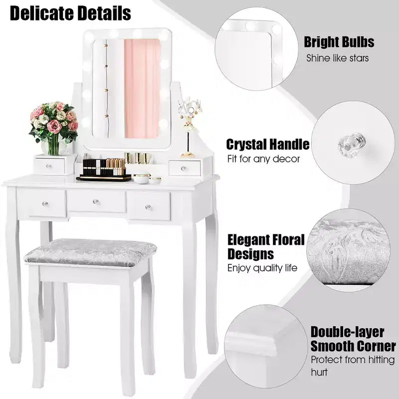 Coiffeuse Costway avec 10 ampoules dimmables, interrupteur tactile, tabouret rembourré Blanc/Noir/Marron