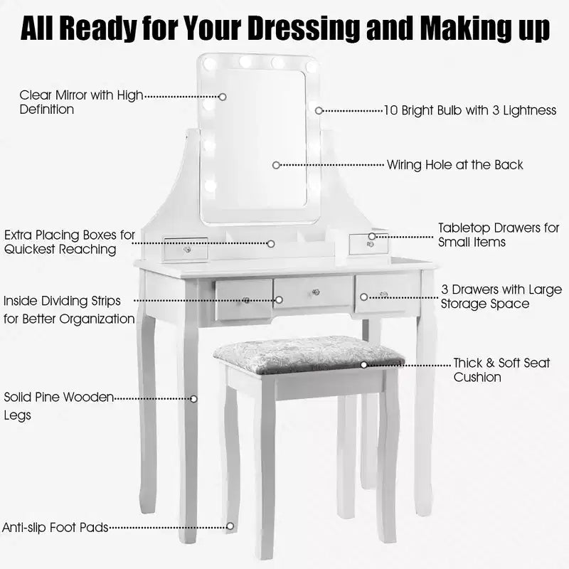 Coiffeuse Costway avec 10 ampoules dimmables, interrupteur tactile, tabouret rembourré Blanc/Noir/Marron