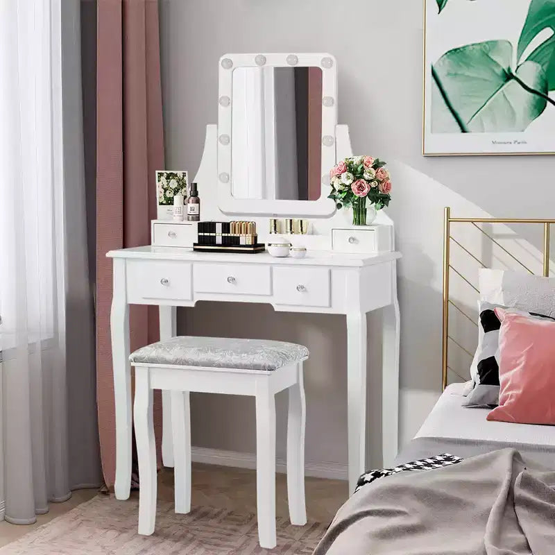 Coiffeuse Costway avec 10 ampoules dimmables, interrupteur tactile, tabouret rembourré Blanc/Noir/Marron