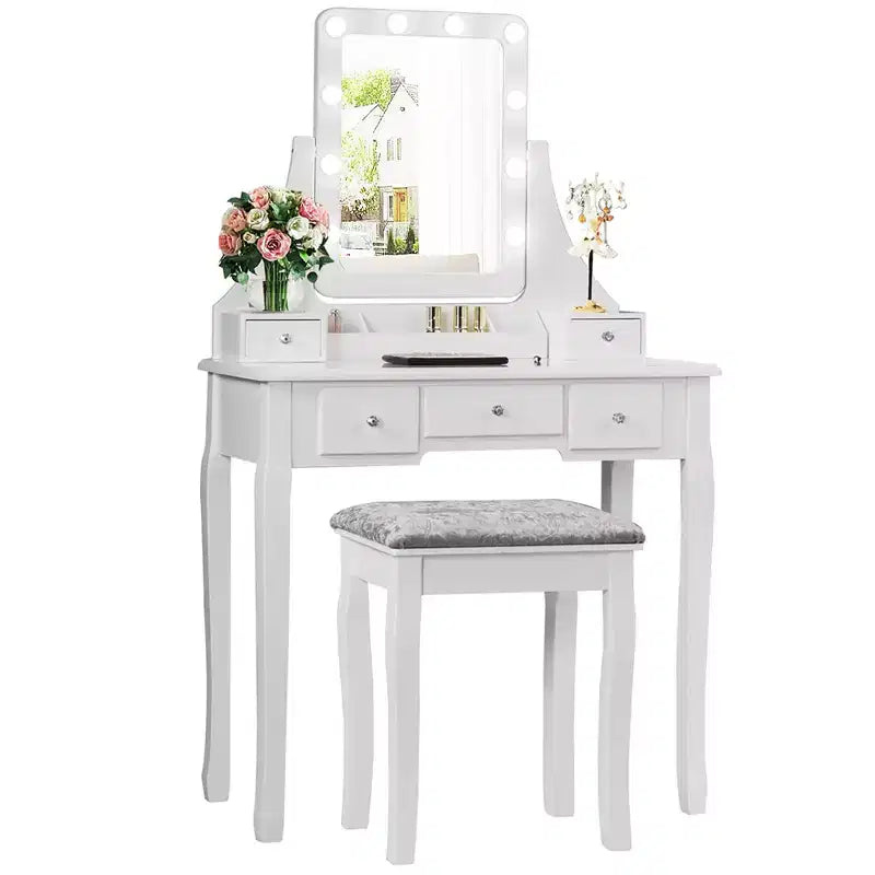 Coiffeuse Costway avec 10 ampoules dimmables, interrupteur tactile, tabouret rembourré Blanc/Noir/Marron