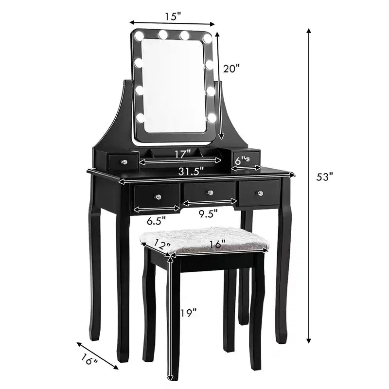 Coiffeuse Costway avec 10 ampoules dimmables, interrupteur tactile, tabouret rembourré Blanc/Noir/Marron