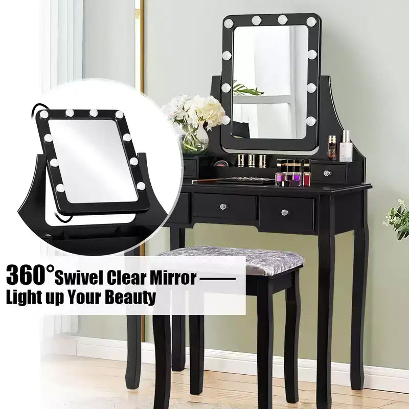 Coiffeuse Costway avec 10 ampoules dimmables, interrupteur tactile, tabouret rembourré Blanc/Noir/Marron