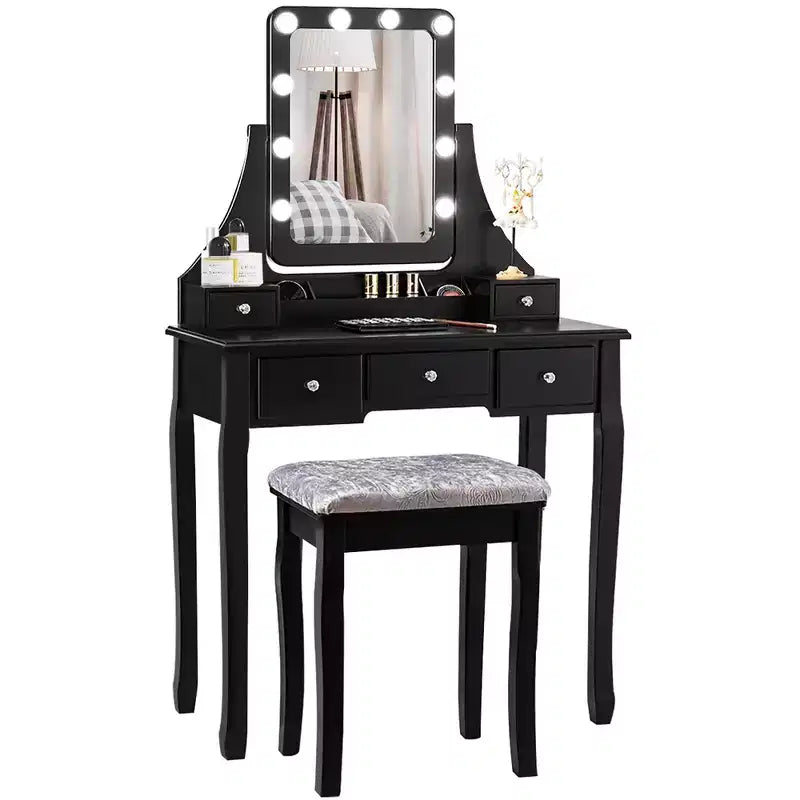 Coiffeuse Costway avec 10 ampoules dimmables, interrupteur tactile, tabouret rembourré Blanc/Noir/Marron