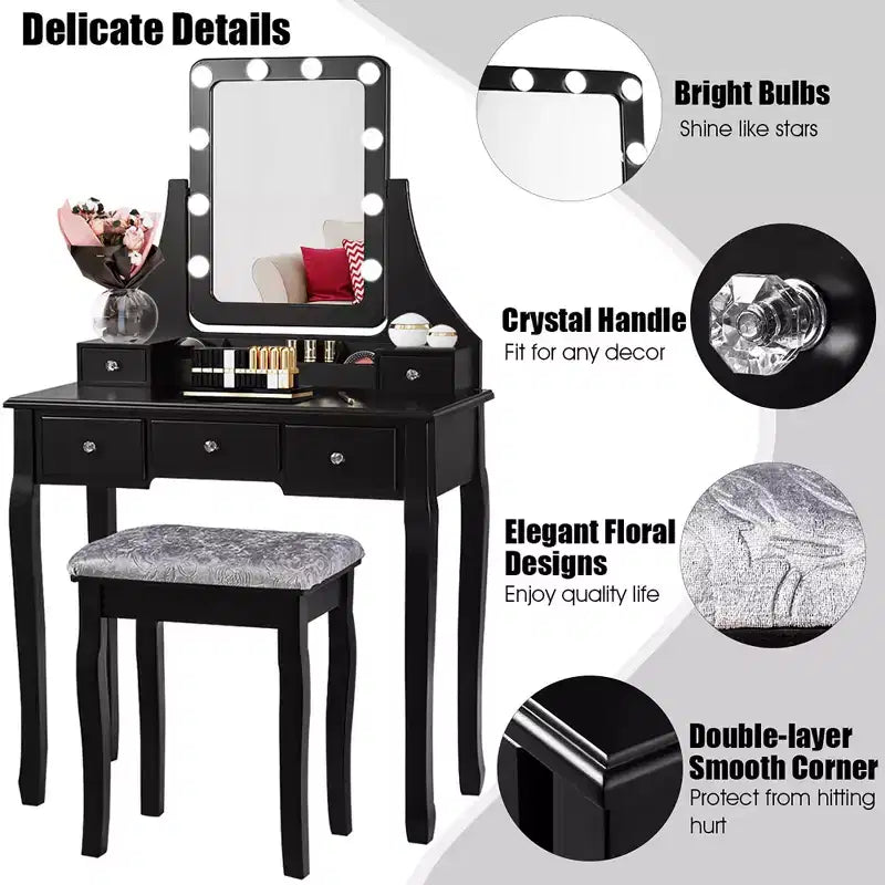 Coiffeuse Costway avec 10 ampoules dimmables, interrupteur tactile, tabouret rembourré Blanc/Noir/Marron