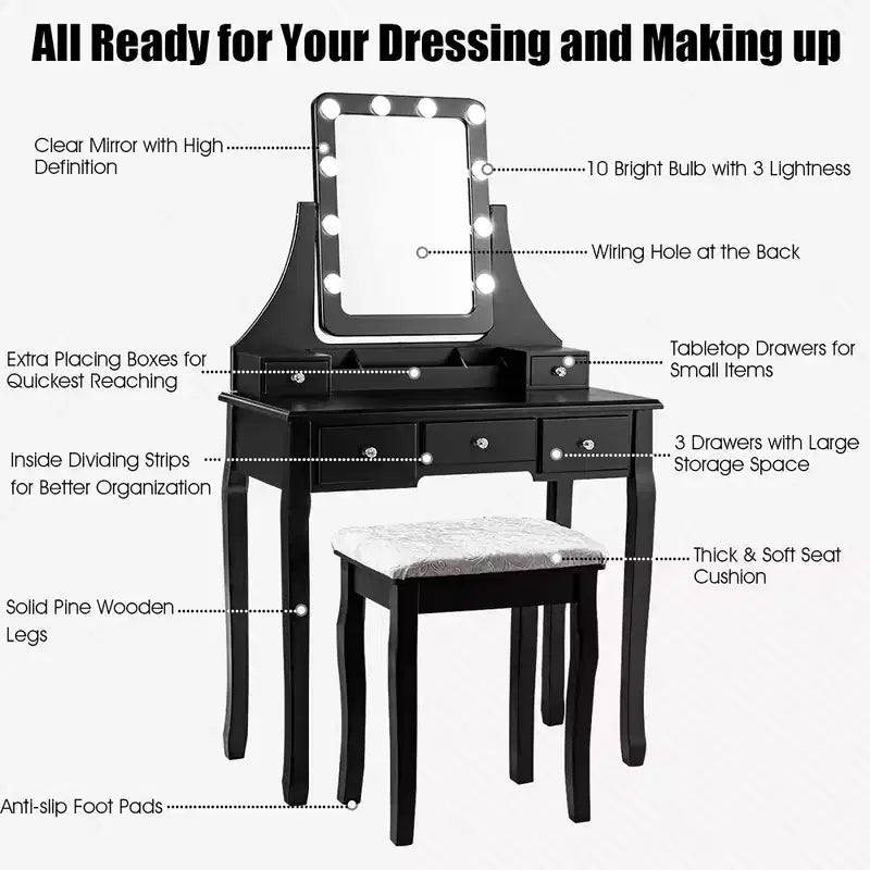 Coiffeuse Costway avec 10 ampoules dimmables, interrupteur tactile, tabouret rembourré Blanc/Noir/Marron