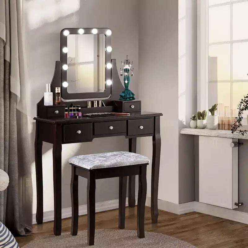 Coiffeuse Costway avec 10 ampoules dimmables, interrupteur tactile, tabouret rembourré Blanc/Noir/Marron