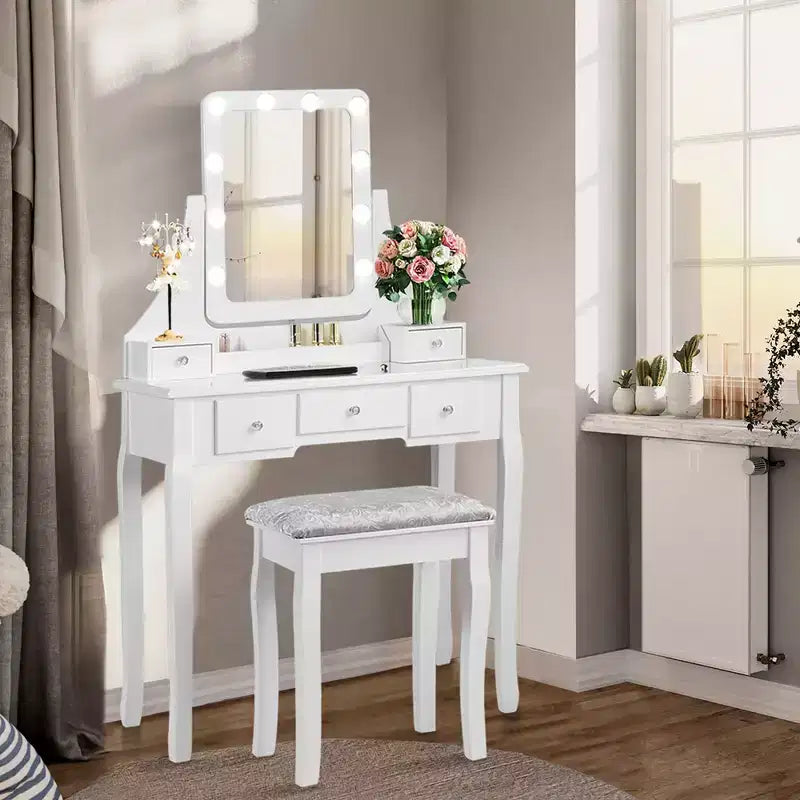 Coiffeuse Costway avec 10 ampoules dimmables, interrupteur tactile, tabouret rembourré Blanc/Noir/Marron