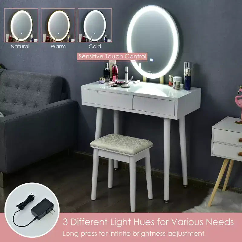 Coiffeuse avec miroir à écran tactile Costway 3 modes d'éclairage avec tabouret Blanc/Noir/Gris