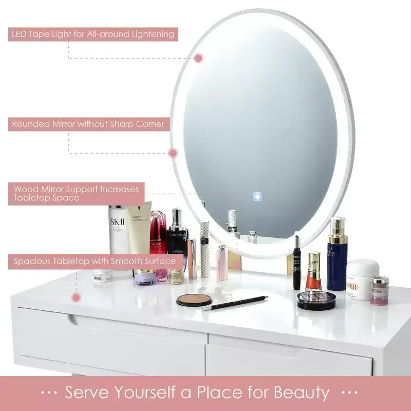 Coiffeuse avec miroir à écran tactile Costway 3 modes d'éclairage avec tabouret Blanc/Noir/Gris