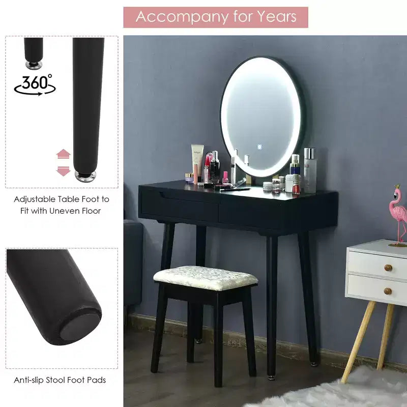 Coiffeuse avec miroir à écran tactile Costway 3 modes d'éclairage avec tabouret Blanc/Noir/Gris