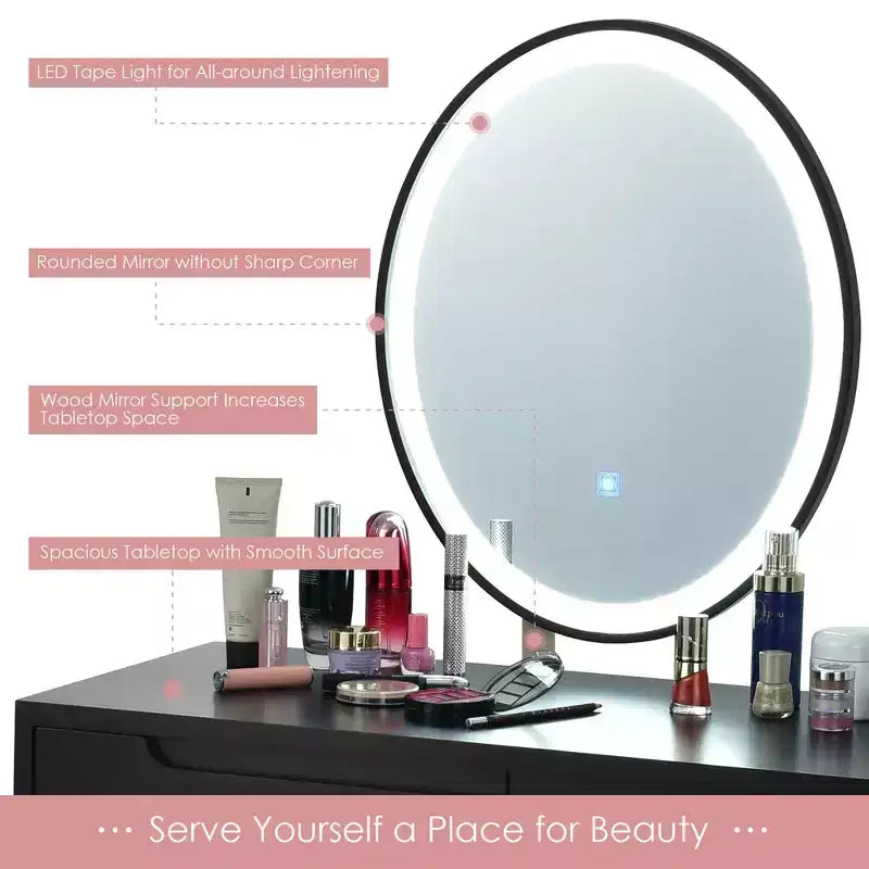Coiffeuse avec miroir à écran tactile Costway 3 modes d'éclairage avec tabouret Blanc/Noir/Gris