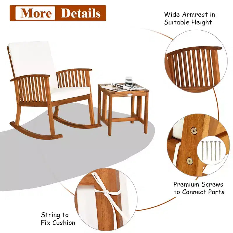Costway Ensemble de 2 fauteuils à bascule de patio en bois d'acacia avec table basse et coussins