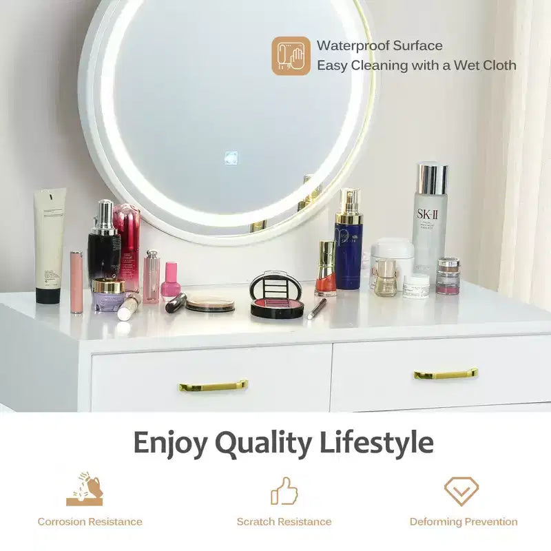 Costway Coiffeuse avec Miroir Écran Tactile 3 Modes d'Éclairage et Tabouret Rembourré