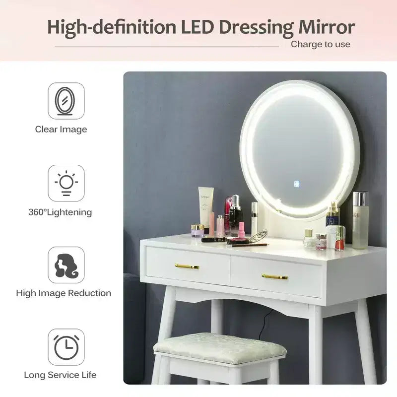 Costway Coiffeuse avec Miroir Écran Tactile 3 Modes d'Éclairage et Tabouret Rembourré
