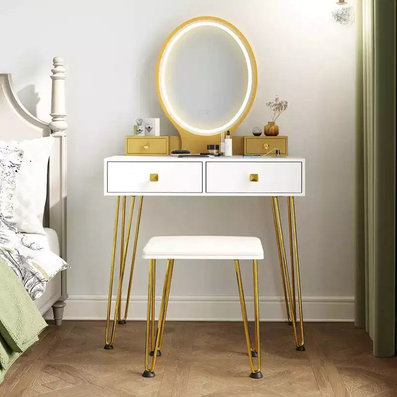Costway Coiffeuse Industrielle avec Tabouret Rembourré et Miroir Lumineux 3 Couleurs