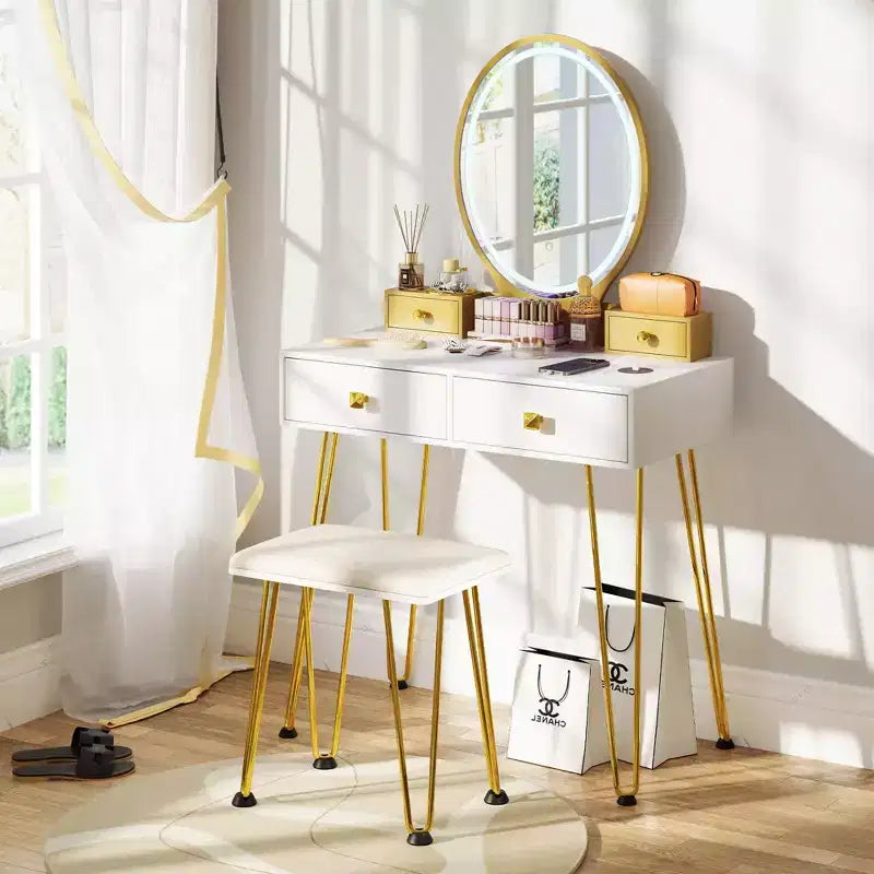 Costway Coiffeuse Industrielle avec Tabouret Rembourré et Miroir Lumineux 3 Couleurs