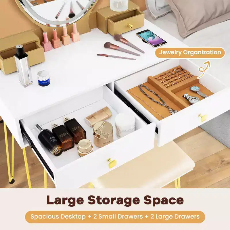 Costway Coiffeuse Industrielle avec Tabouret Rembourré et Miroir Lumineux 3 Couleurs