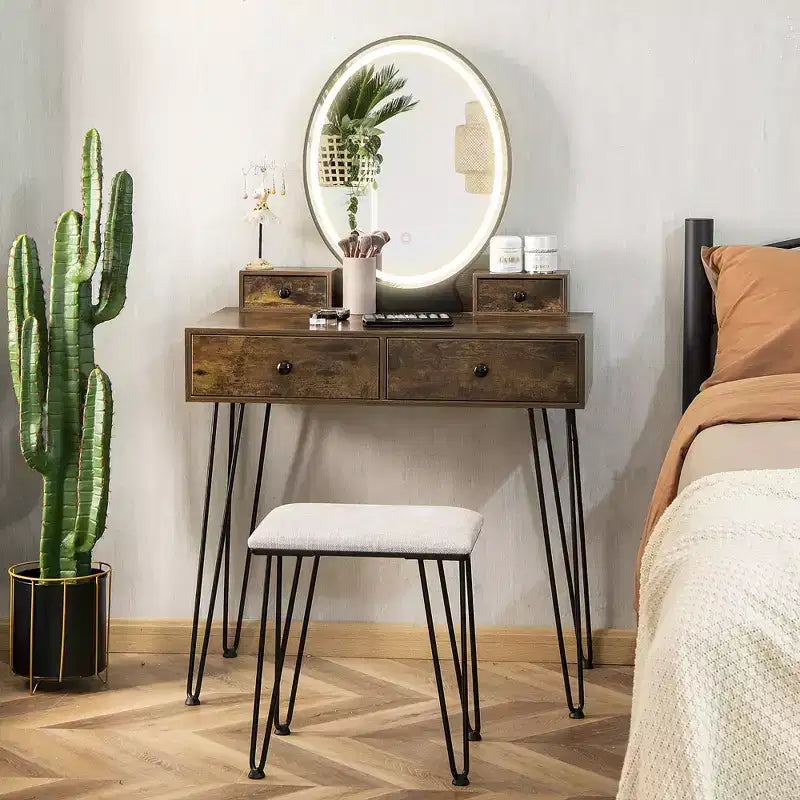 Costway Coiffeuse Industrielle avec Tabouret Rembourré et Miroir Lumineux 3 Couleurs
