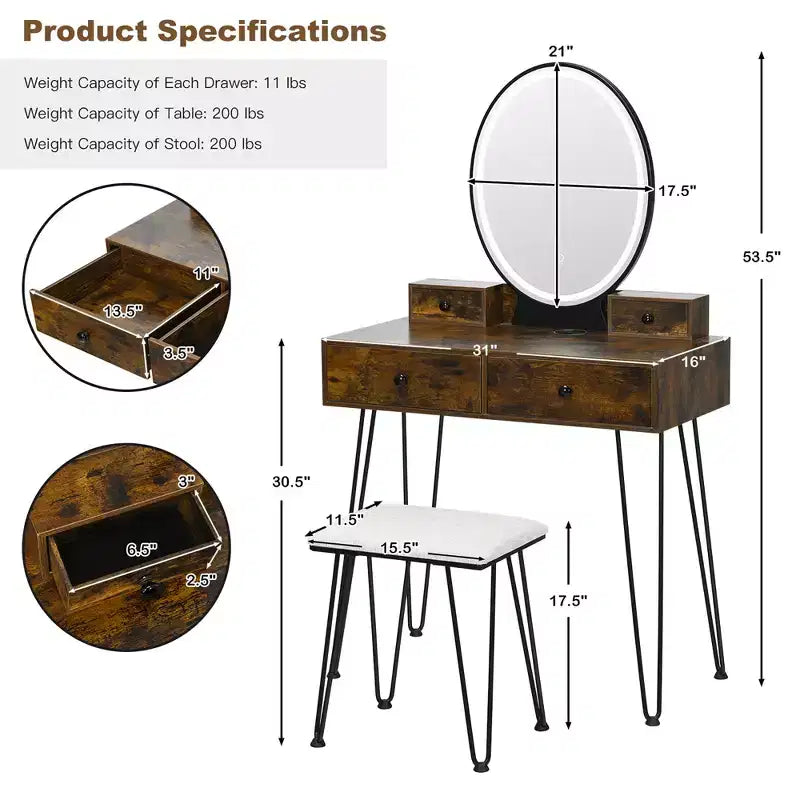 Costway Coiffeuse Industrielle avec Tabouret Rembourré et Miroir Lumineux 3 Couleurs