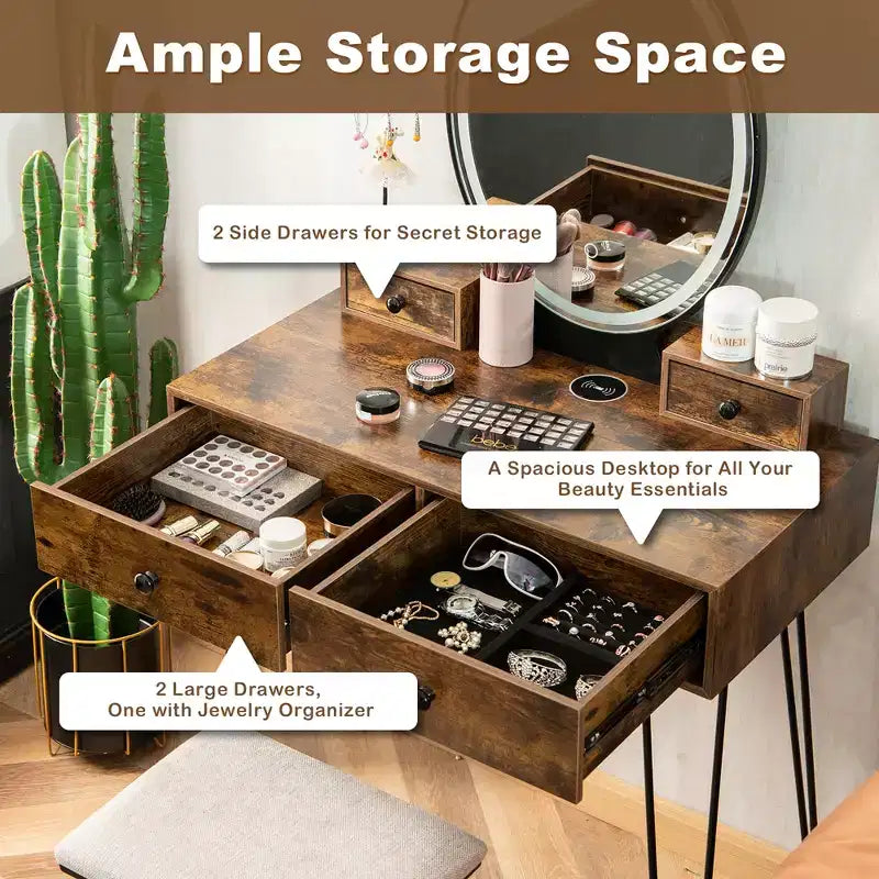 Costway Coiffeuse Industrielle avec Tabouret Rembourré et Miroir Lumineux 3 Couleurs