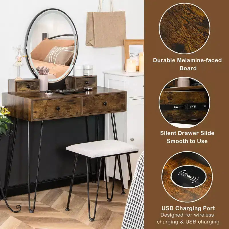 Costway Coiffeuse Industrielle avec Tabouret Rembourré et Miroir Lumineux 3 Couleurs