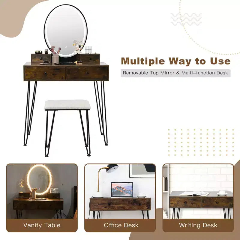 Costway Coiffeuse Industrielle avec Tabouret Rembourré et Miroir Lumineux 3 Couleurs