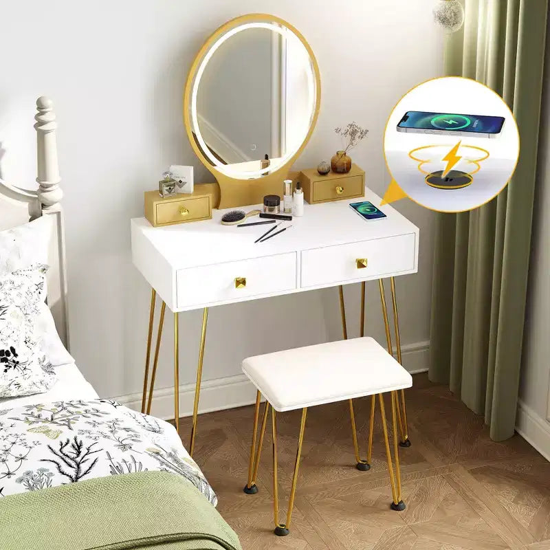 Costway Coiffeuse Industrielle avec Tabouret Rembourré et Miroir Lumineux 3 Couleurs