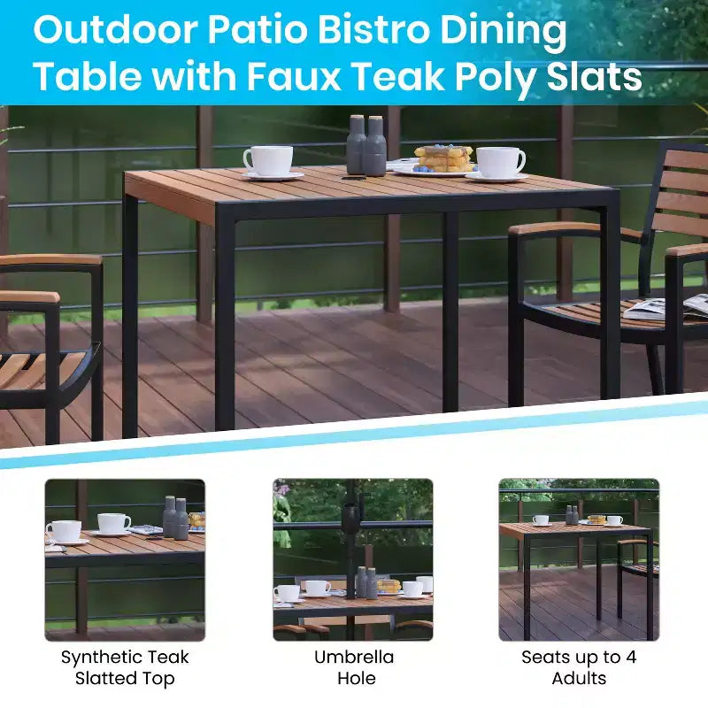 Ensemble table de patio 3 pièces Emma et Oliver - Lattes en poly de teck synthétique - Table carrée de 35 pouces avec cadre en acier et 2 chaises empilables en faux teck