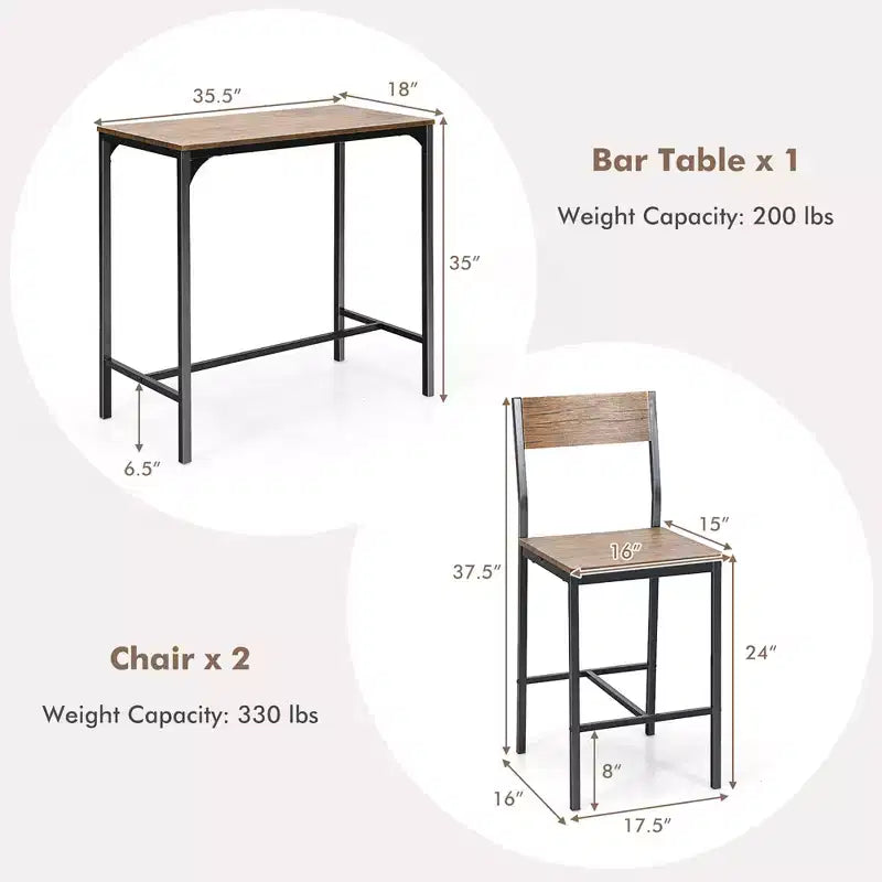 Costway Ensemble table de bar 3 pièces Table à manger hauteur comptoir industrielle avec 2 tabourets