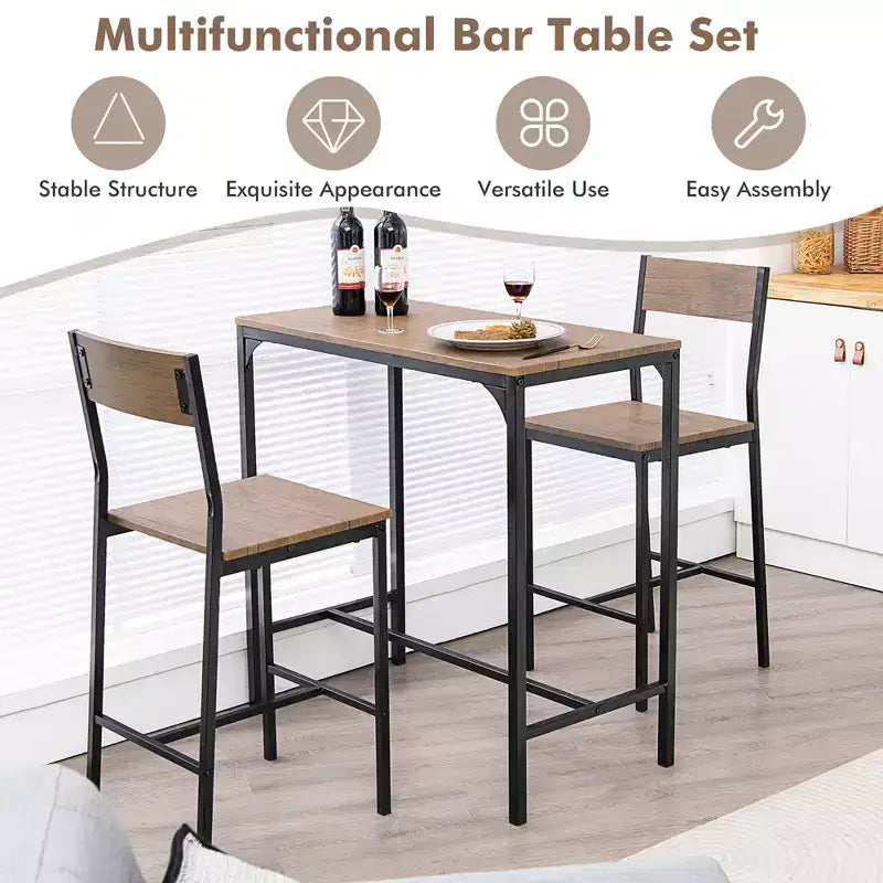 Costway Ensemble table de bar 3 pièces Table à manger hauteur comptoir industrielle avec 2 tabourets