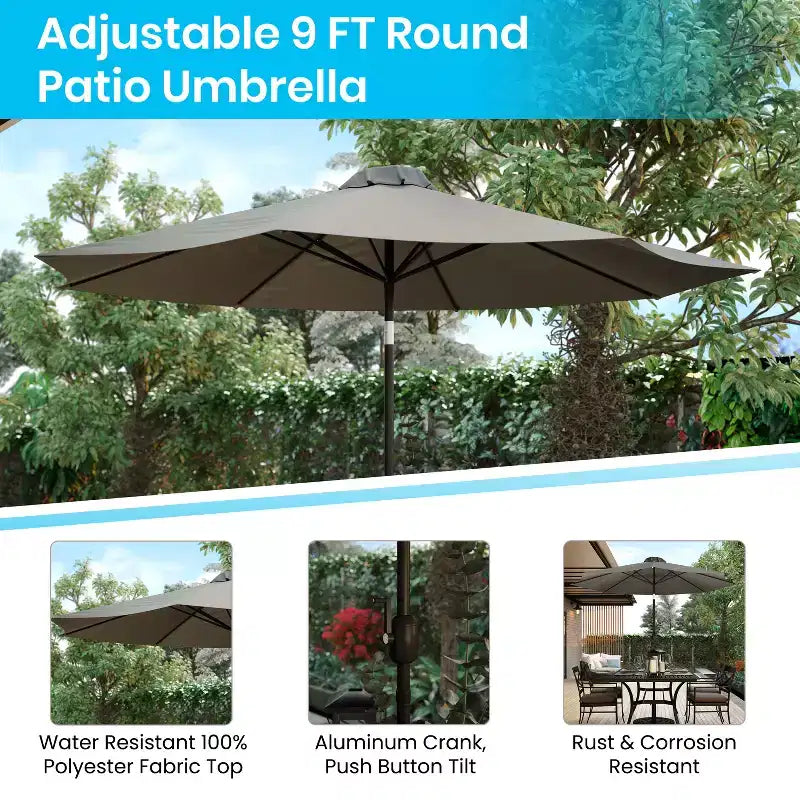 Ensemble de salle à manger Merrick Lane cinq pièces en teck synthétique pour patio, comprenant une table, deux fauteuils de club, un parasol de 2,74 m et sa base