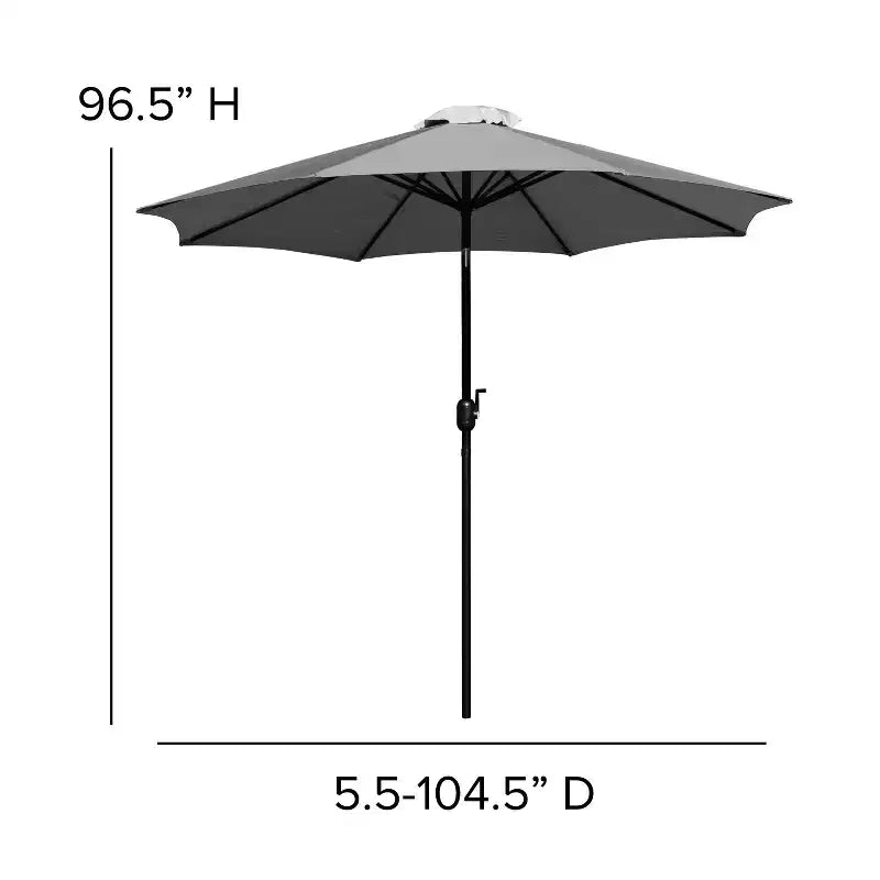 Ensemble de salle à manger Merrick Lane cinq pièces en teck synthétique pour patio, comprenant une table, deux fauteuils de club, un parasol de 2,74 m et sa base