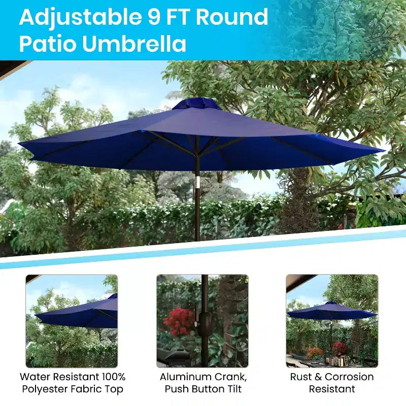 Ensemble de salle à manger Merrick Lane cinq pièces en teck synthétique pour patio, comprenant une table, deux fauteuils de club, un parasol de 2,74 m et sa base
