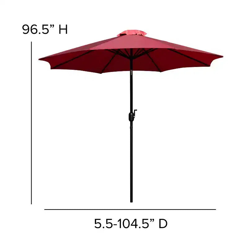 Ensemble de salle à manger Merrick Lane cinq pièces en teck synthétique pour patio, comprenant une table, deux fauteuils de club, un parasol de 2,74 m et sa base