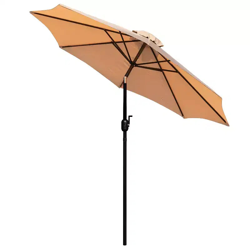 Ensemble de salle à manger Merrick Lane cinq pièces en teck synthétique pour patio, comprenant une table, deux fauteuils de club, un parasol de 2,74 m et sa base