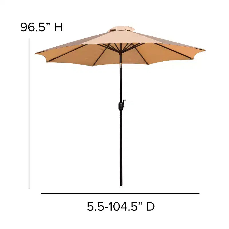 Ensemble de salle à manger Merrick Lane cinq pièces en teck synthétique pour patio, comprenant une table, deux fauteuils de club, un parasol de 2,74 m et sa base