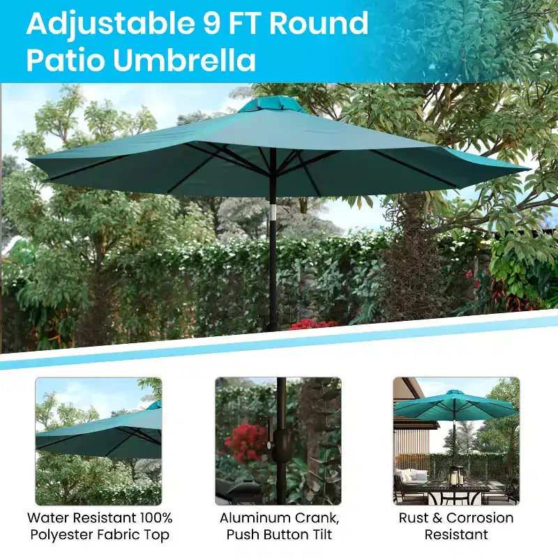 Ensemble de salle à manger Merrick Lane cinq pièces en teck synthétique pour patio, comprenant une table, deux fauteuils de club, un parasol de 2,74 m et sa base